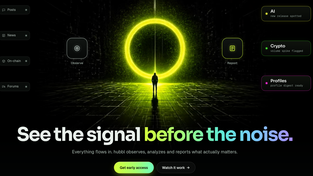 The hubbl.dev landing: a lit ring, one figure standing before it, and the line See the signal before the noise.