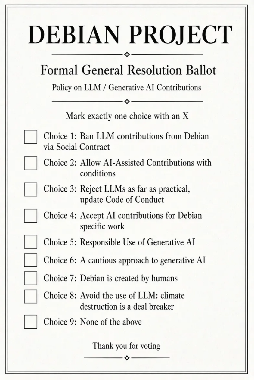 Debian votes on AI code: 8 proposals, one social contract test